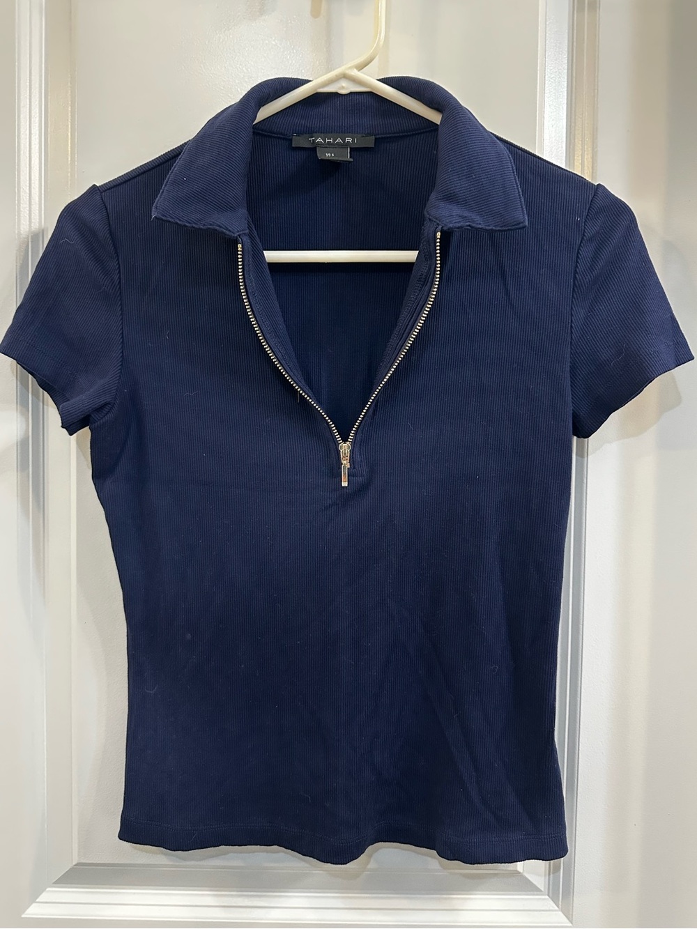 Tahari Navy Short-Sleeve Zip Polo Top